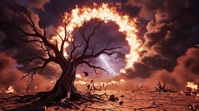 Ethereal burning ring portal in arid landscape with silhouette tree and dramatic sky