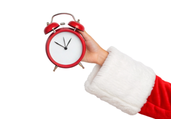 Santa hand holding red alarm clock showing ten o'clock, isolated on a transparent background