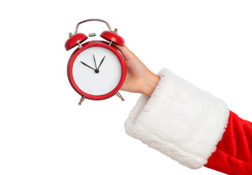 Santa hand holding red alarm clock showing ten o'clock, isolated on a transparent background - Powered by Adobe