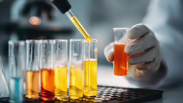Scientist check chemical food residues in laboratory. Control experts inspect quality of fruits, vegetables. lab, hazards, ROHs, find prohibited substances, contaminate, Microscope, generate by AI