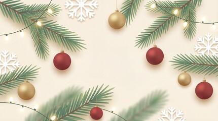 Christmas Background with Pine Branches, Red and Gold Baubles, String Lights and Snowflakes

