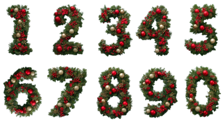 Numbers 0-9 from the Christmas needles with balls. Fir branches, red and gold toys and berries; clipart on a transparent background, isolated design elements. Theme: Christmas and New Year.