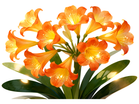 Orange trumpet flowers with green leaves on black orange flowers orange flowers, trumpet flowers, clivia, lily, bloom, blooming, blossom, botanical, flora, plant, green leaves, foliage, dark backgroun