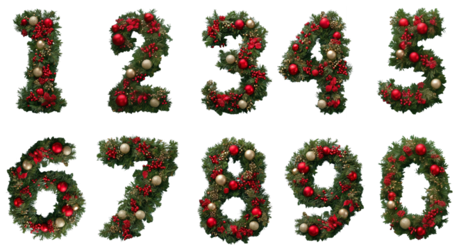 Numbers 0-9 from the Christmas needles with balls. Fir branches, red and gold toys and berries; clipart on a transparent background, isolated design elements. Theme: Christmas and New Year.