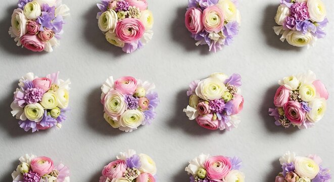 A delightful pattern of pastel floral bouquets featuring ranunculus and sweet peas, arranged symmetrically on a pale background