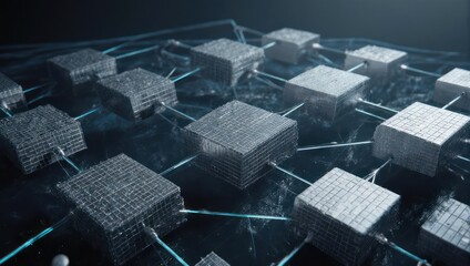 A detailed digital rendering of interconnected, metallic cubes and lines against a dark backdrop
