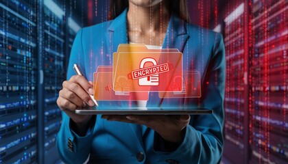 businesswoman hand holding tablet with floating lock icon encryption alert security warning data protection cyber risk digital privacy system breach network danger access denial hologram display