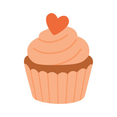 Cute cupcake with creamy frosting and heart topper, simple flat illustration perfect for sweets and cards.