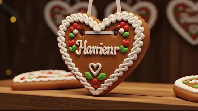 Heart-shaped gingerbread cookie with white icing and colorful decorations, a traditional German treat.