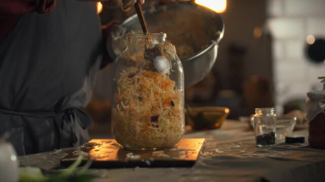A person prepares fresh cabbage and carrots for sourdough fermentation in a warm kitchen. Ingredients are layered in a jar, showcasing traditional cooking methods and wholesome food preparation
