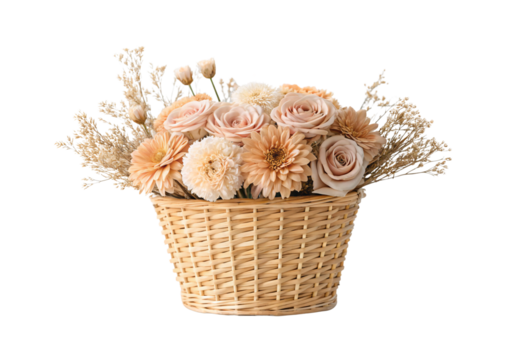 Elegant basket arrangement featuring peach roses dahlias and dried flowers arrangement, isolated on a transparent background - Powered by Adobe