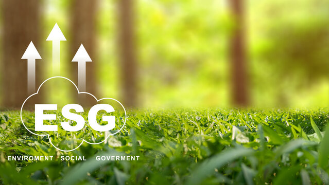 Sustainable business growth and positive impact with the ESG acronym and an arrow up sign on a nature background. Concept of ESG (Environmental, Social, and Governance) - Powered by Adobe