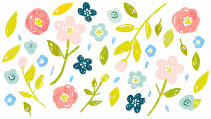 Flower crayon watercolor spring floral set. Cute nature background for kid, child, garden doodle element design. Vector illustration