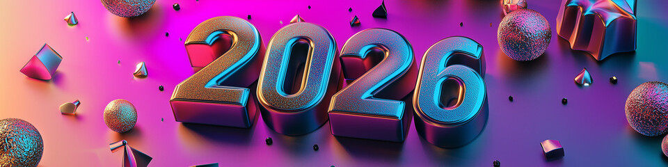 Metallic 3D text 2026 in a festive environment