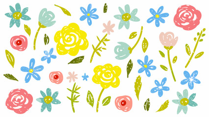 Flower crayon watercolor spring floral set. Cute nature background for kid, child, garden doodle element design. Vector illustration