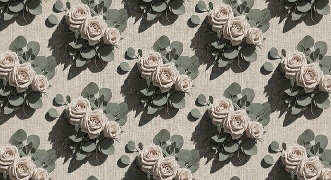 A repeating pattern of elegant, neutral-toned floral bouquets featuring roses and eucalyptus leaves