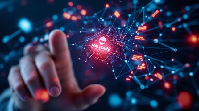 A hacker finger touching malware icon with digital network glow threat alert security data risk cyberspace protection system danger breach indication - Powered by Adobe