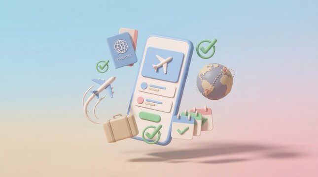 Travel booking app concept with passport, globe, and airplane elements - Powered by Adobe