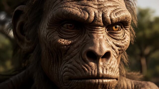 Close-up of a detailed ape face with intense gaze.