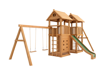 Wooden playset featuring double tower design with swings slide climbing features, isolated on a transparent background