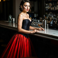 An elegant woman in a black corset and voluminous red skirt leans seductively on a marble bar counter with a cocktail glass. Luxurious retro glamour