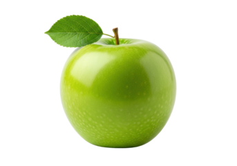 A vibrant green Granny Smith apple with a dark brown stem and bright leaf, impeccably placed on a transparent seamless background with soft studio light, emphasizing pure natural freshness