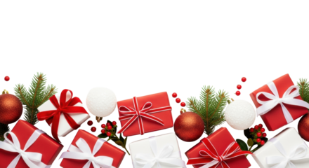 Assorted red and white gift boxes with elegant ribbons, glittery baubles, pine branches, and red berries arranged as a festive border on a white background with copy space, Christmas celebration and