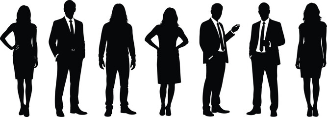 Silhouettes of diverse business professionals and casual individuals standing in various confident poses, representing teamwork, leadership, modern workforce, corporate culture