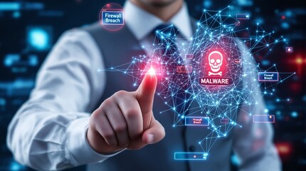 A hacker finger touching malware icon with digital network glow threat alert security data risk cyberspace protection system danger breach indication