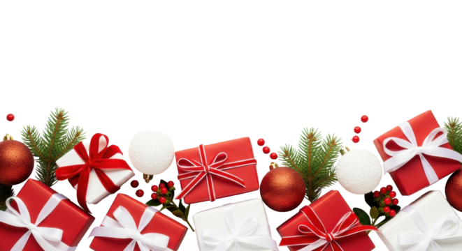 Assorted red and white gift boxes with elegant ribbons, glittery baubles, pine branches, and red berries arranged as a festive border on a white background with copy space, Christmas celebration and