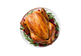 Golden roasted whole turkey garnished with rosemary cranberries on white platter, isolated on a transparent background