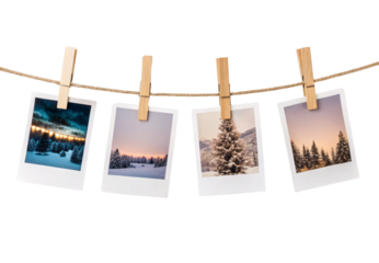 Winter landscape polaroid photos hanging on rope with wooden clothespins, isolated on a transparent background