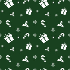 Christmas icon with Seamless pattern, giftboxes, Sugar cane, Holly Berry, snow flakes for fabric print, wrapping paper.