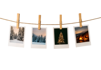 Snowy forest and Christmas tree polaroid photos clipped on twine, isolated on a transparent background