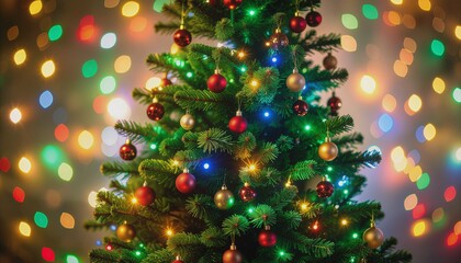 Closeup Christmas tree background with bokeh light with copy space for text