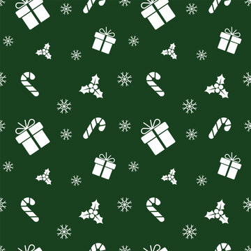 Christmas icon with Seamless pattern, giftboxes, Sugar cane, Holly Berry, snow flakes for fabric print, wrapping paper.
