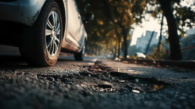 car wheels running and closed up Very bad quality street with potholes. have tree. Damaged asphalt pavement road with potholes in city, dangerous, broken, garage 