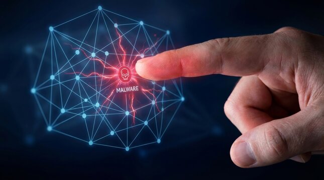 A hacker finger touching malware icon with digital network glow threat alert security data risk cyberspace protection system danger breach indication