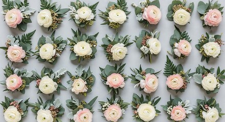 Arrangement of elegant floral bouquets, ideal for weddings and special occasions. Features a collection of ranunculus blooms, eucalyptus, and fern