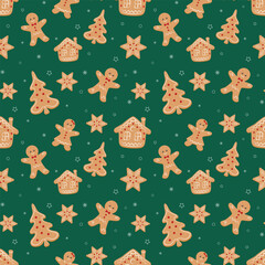 Seamless pattern Christmas theme with ginger breads, candies, Christmas tree, stars. Vector illustration.