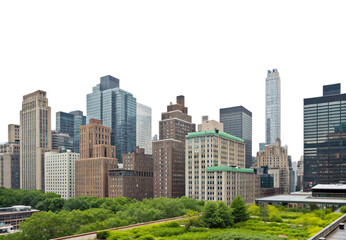Fototapeta premium Urban city skyline with green rooftops and modern high-rise buildings, isolated on a transparent background