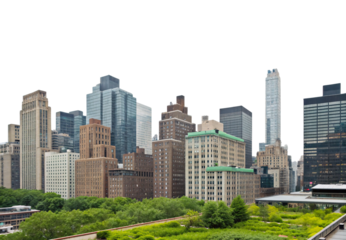 Urban city skyline with green rooftops and modern high-rise buildings, isolated on a transparent background