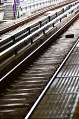 Fototapeta premium Close-up of the rail road in Bangkok, Thailand. Bangkok BTS skytrain rail road. Cityscape, travel and transportation concept.