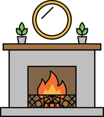 A cozy cartoon illustration of a grey stone fireplace with a burning fire, featuring a wooden mantel decorated with potted plants and a round mirror hanging above.