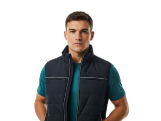 Man wearing a padded vest over a teal t shirt