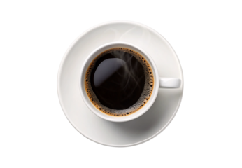Black coffee in white cup with saucer viewed from above, isolated on a transparent background