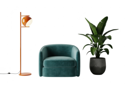 Modern teal armchair with floor lamp and plant