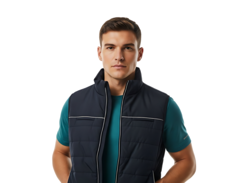 Man wearing a padded vest over a teal t shirt