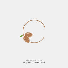 Minimalist Letter C Logo Design Featuring Natural Almonds and Green Leaf for Organic Cosmetic Brand