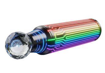 Futuristic crystal cylinder with rainbow circuit design isolated on transparent background for tech concept and futuristic art